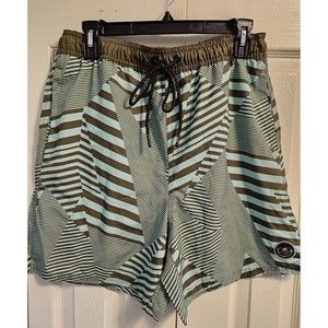 NEFF Swimming Swim Trunks Green Geometric Stripe - Mens Large With Pockets